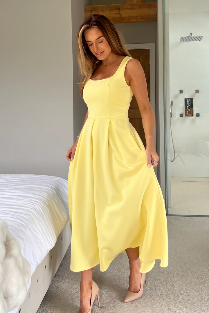 Erica Yellow Square Neck Sleeveless Pleated Midi Dress