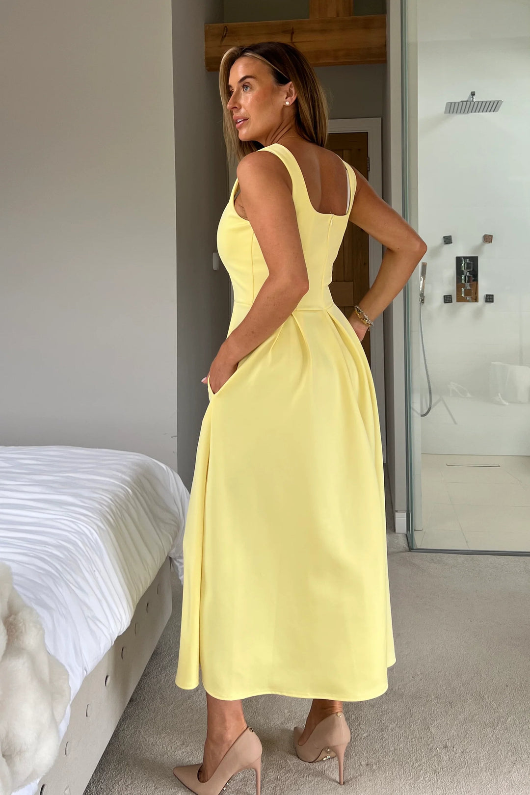 Erica Yellow Square Neck Sleeveless Pleated Midi Dress