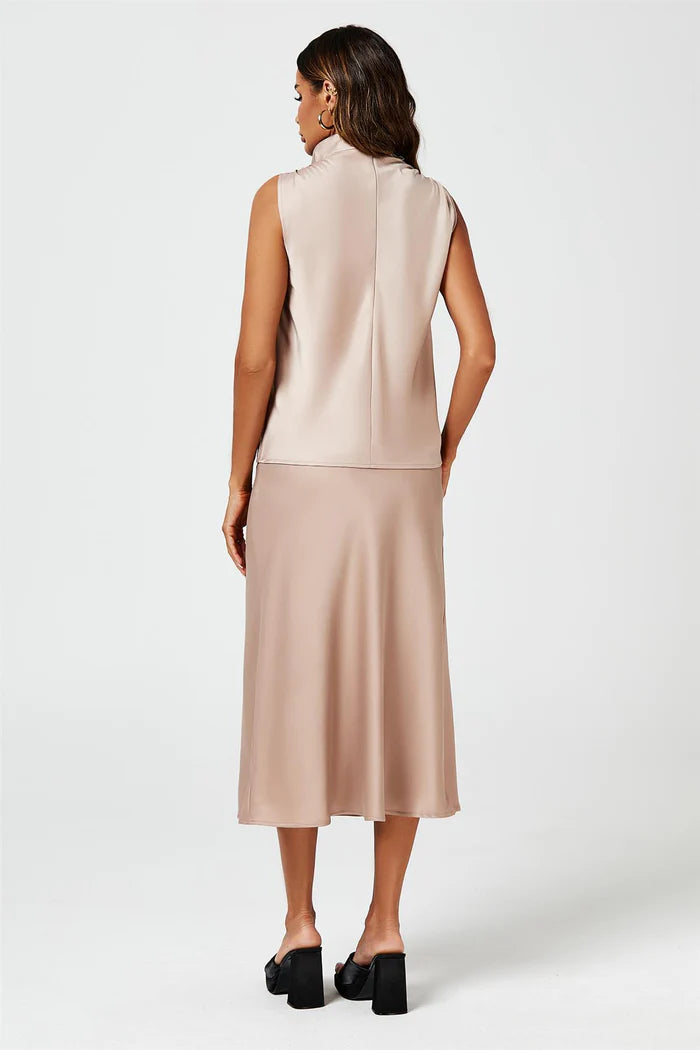 Evalina Taupe Satin High Neck Sleeveless Blouse
