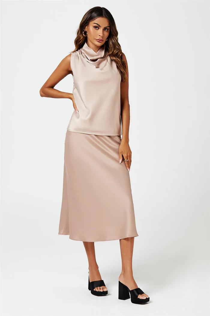 Evalina Taupe Satin High Neck Sleeveless Blouse