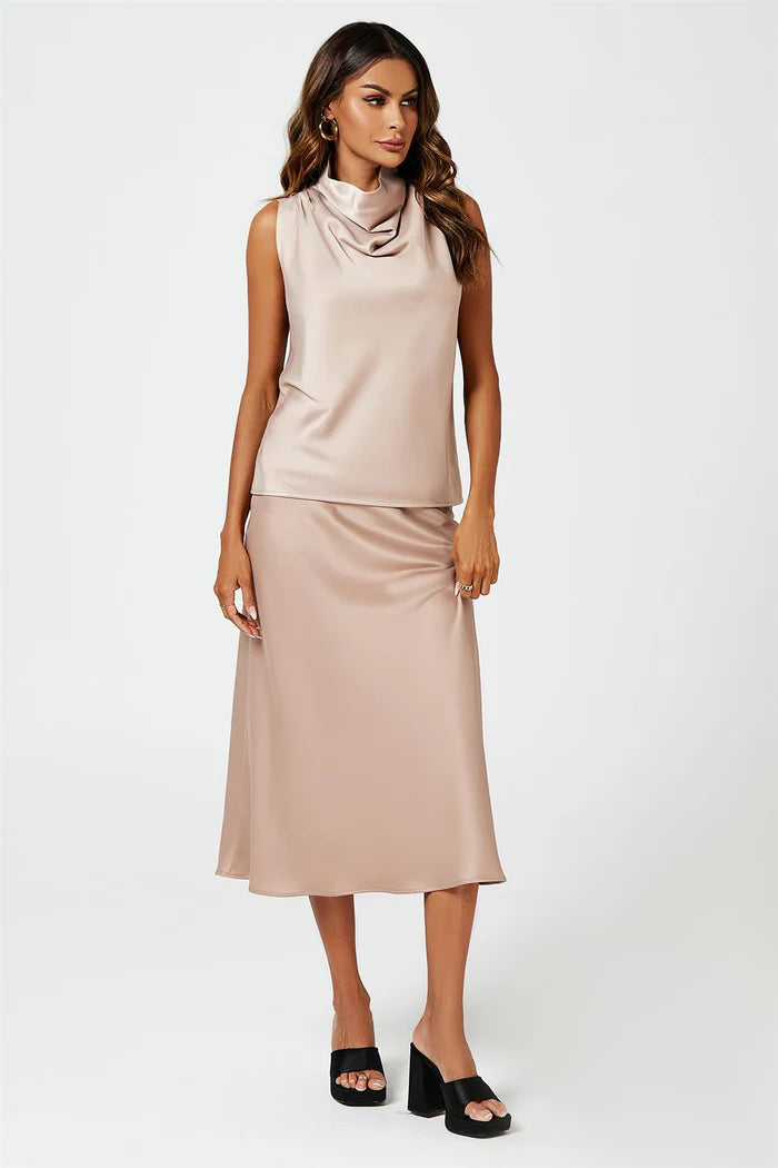 Evalina Taupe Satin High Neck Sleeveless Blouse