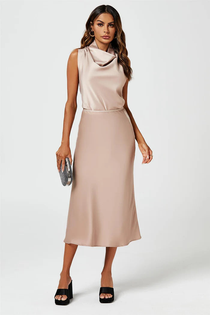 Evalina Taupe Satin High Neck Sleeveless Blouse
