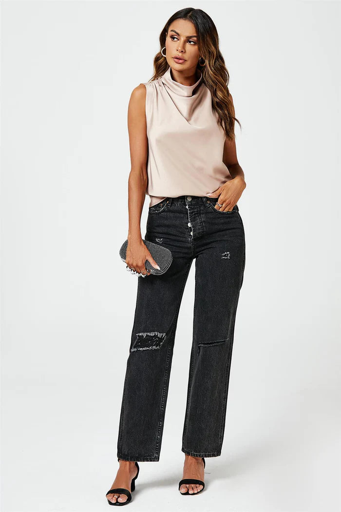 Evalina Taupe Satin High Neck Sleeveless Blouse
