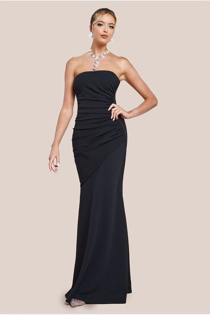 Evangeline Black Bandeau Bodycon Maxi Dress With Removable Diamante Necklace & Fishtail Hem BY GODDIVA