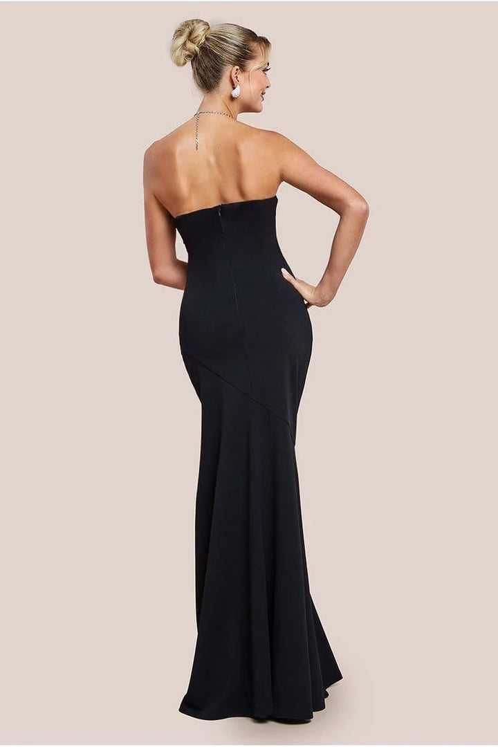Evangeline Black Bandeau Bodycon Maxi Dress With Removable Diamante Necklace & Fishtail Hem BY GODDIVA