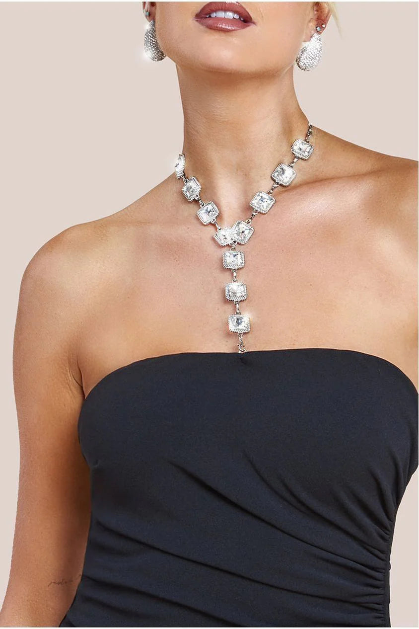 Evangeline Black Bandeau Bodycon Maxi Dress With Removable Diamante Necklace & Fishtail Hem BY GODDIVA