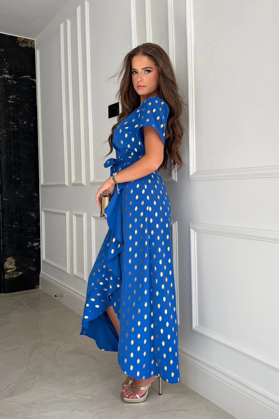 Farrah Cobalt Blue Gold Foil Print Frill Detail Wrap Maxi Dress