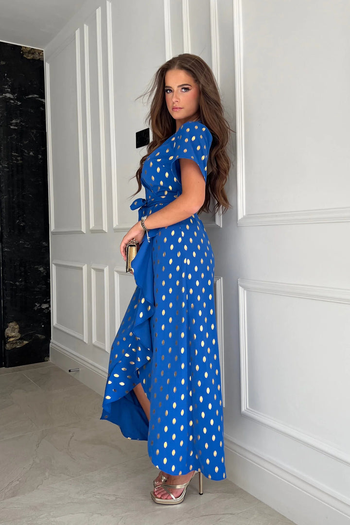Farrah Cobalt Blue Gold Foil Print Frill Detail Wrap Maxi Dress