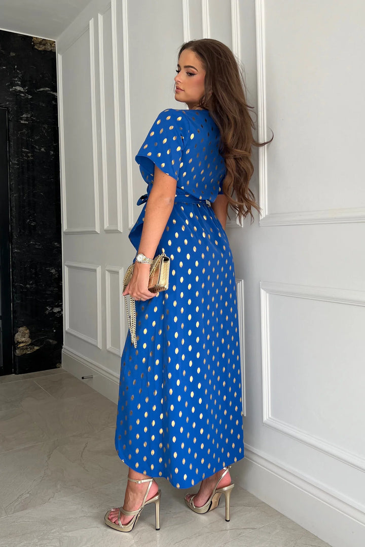 Farrah Cobalt Blue Gold Foil Print Frill Detail Wrap Maxi Dress