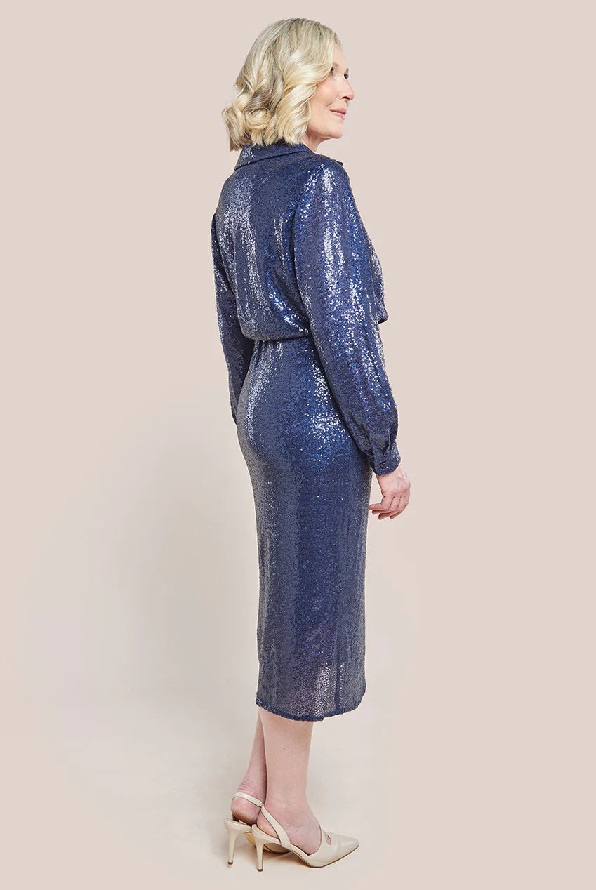 Eloise Navy Sequin Front Split Shirt Dress