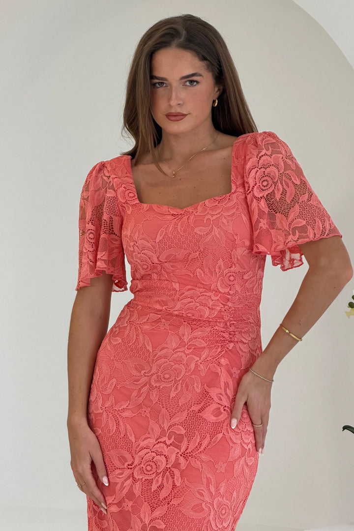 Heidi Coral Lace Ruched Short Sleeve Bodycon Midi Dress