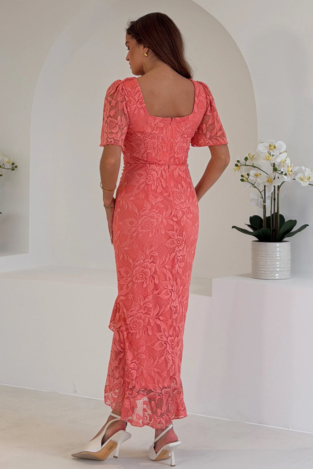Heidi Coral Lace Ruched Short Sleeve Bodycon Midi Dress