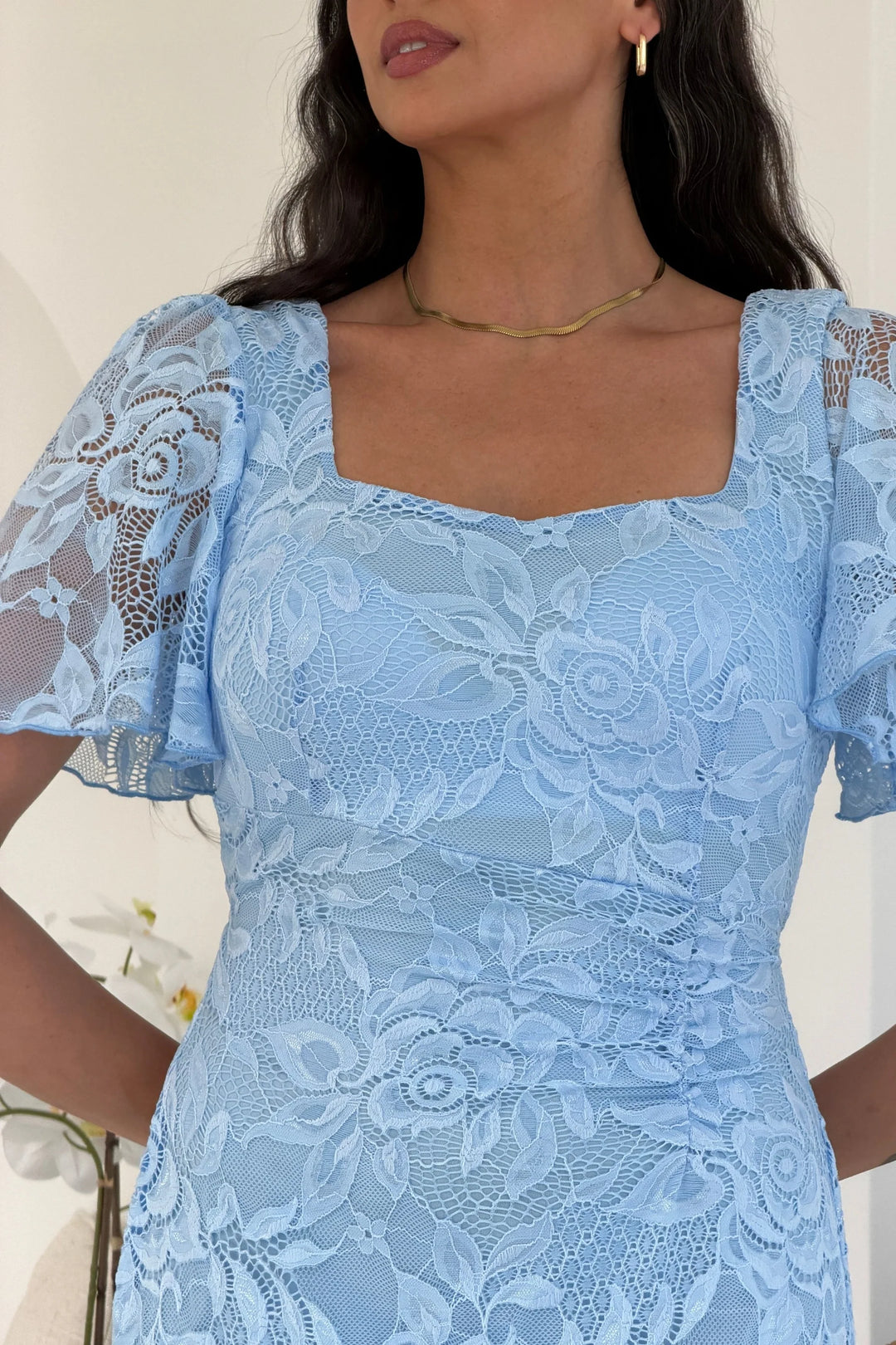 Heidi Sky Blue Lace Ruched Short Sleeve Bodycon Midi Dress