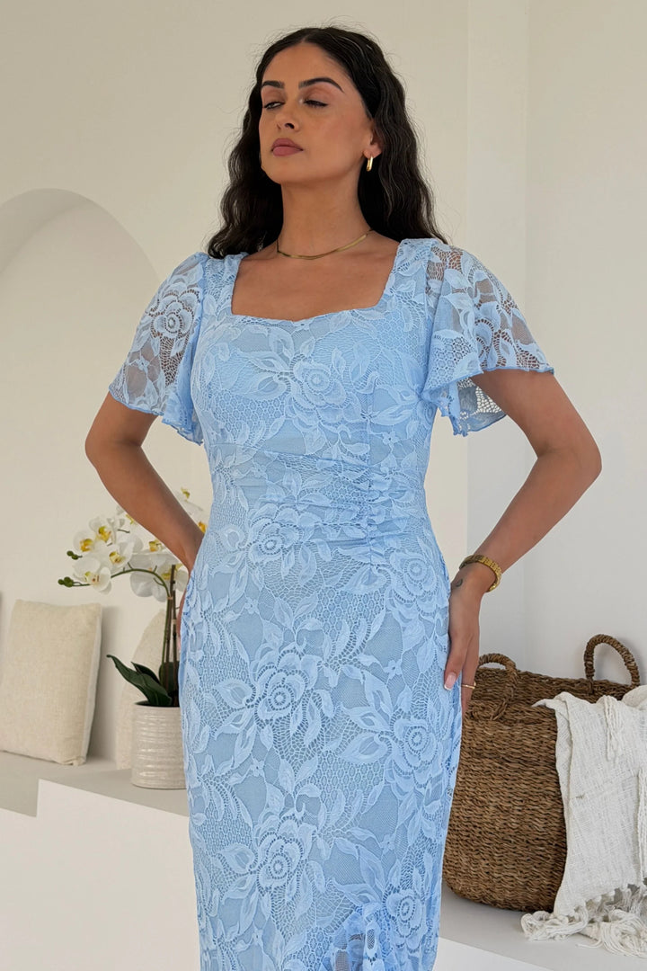 Heidi Sky Blue Lace Ruched Short Sleeve Bodycon Midi Dress