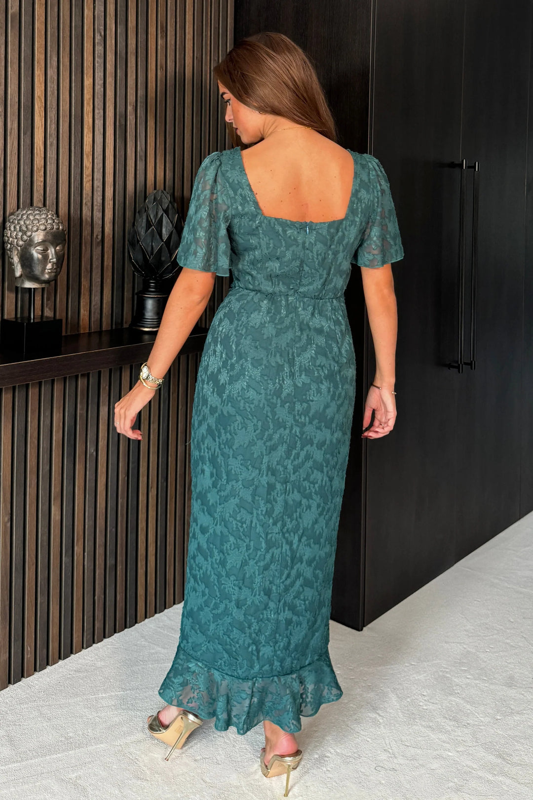 Heidi Green Floral Burnout Ruched Midi Dress