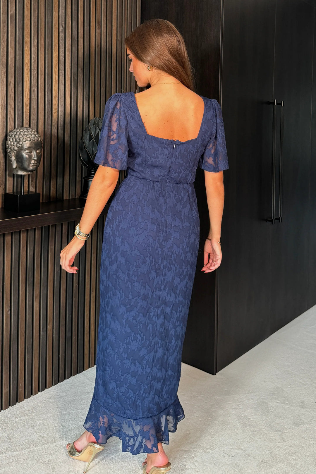 Heidi Navy Floral Burnout Ruched Midi Dress