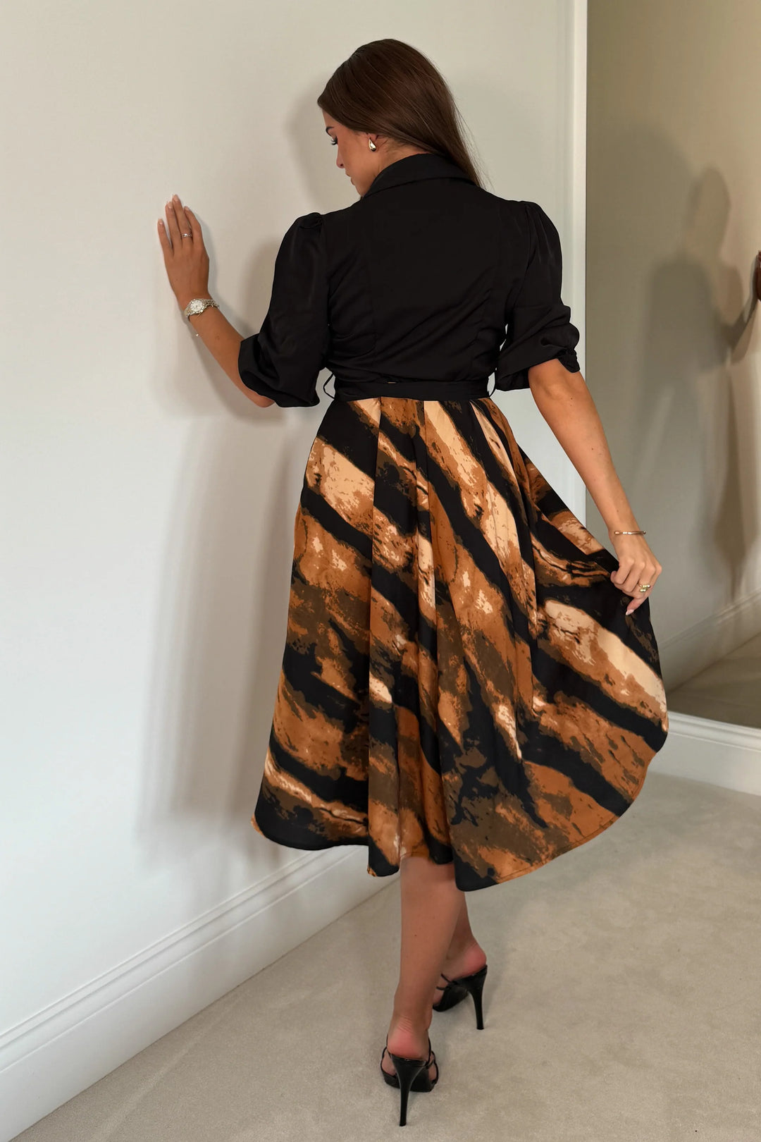 Holland Brown Print Short Sleeve Belted Midi Dress