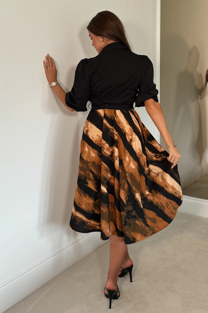 Holland Brown Print Short Sleeve Belted Midi Dress