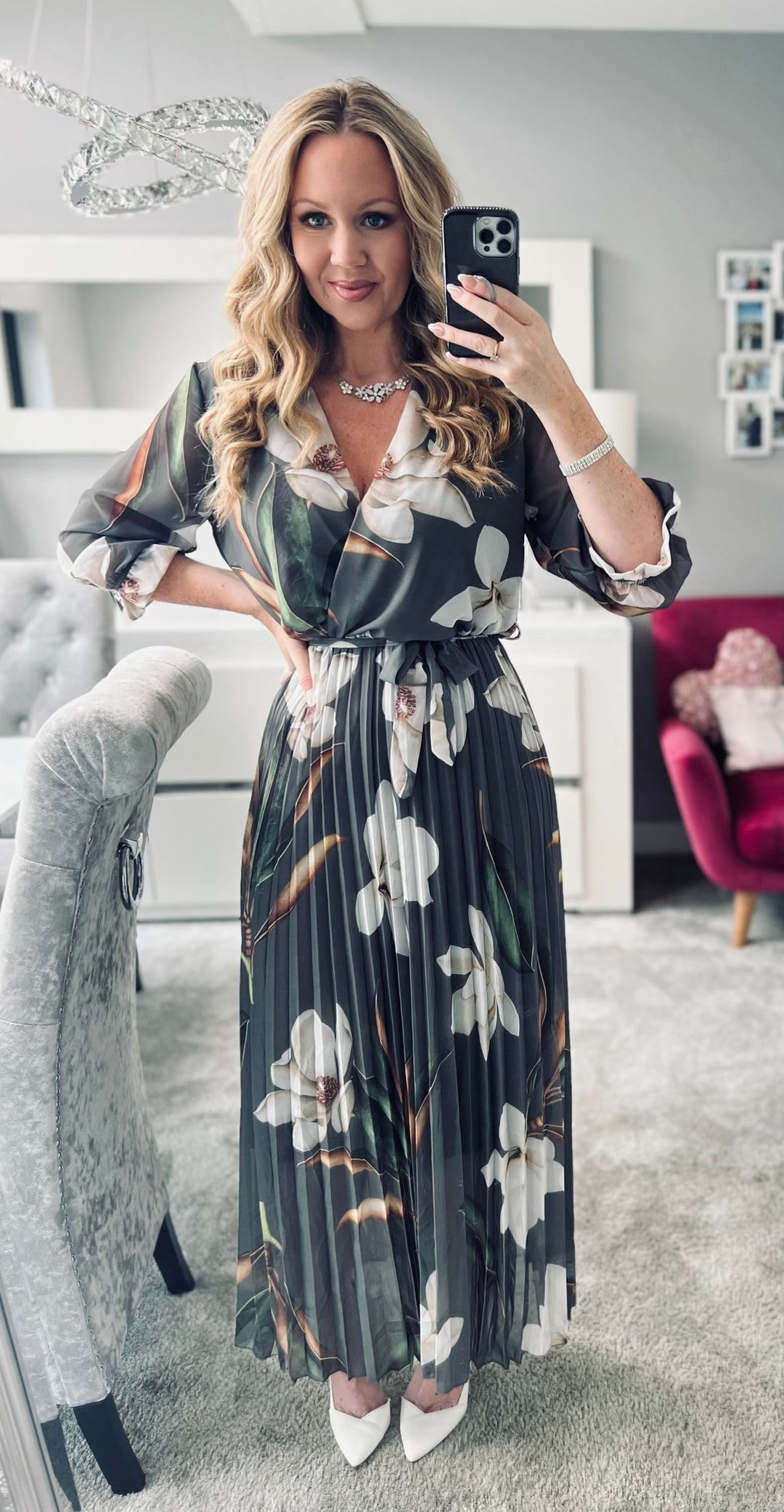 Elle Khaki Floral Chiffon Pleated Belted 3/4 Length Sleeve Maxi Dress - 2 LENGTHS
