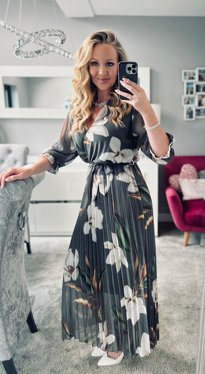 Elle Khaki Floral Chiffon Pleated Belted 3/4 Length Sleeve Maxi Dress - 2 LENGTHS