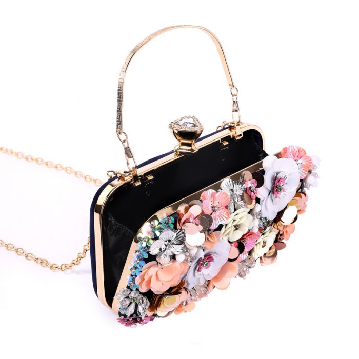Rio Premium Black 3D Floral Embellished Clutch Box Bag