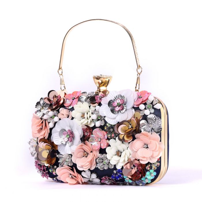 Rio Premium Navy 3D Floral Embellished Clutch Box Bag