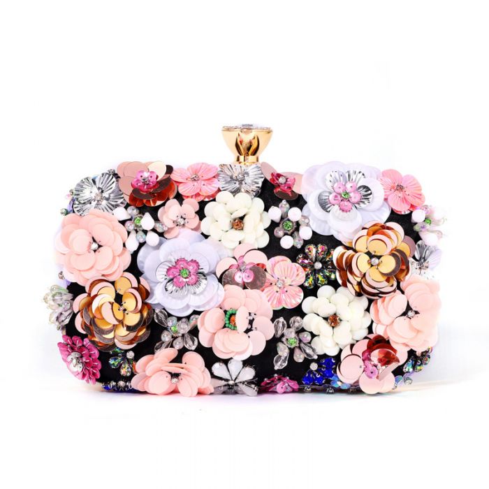 Rio Premium Black 3D Floral Embellished Clutch Box Bag
