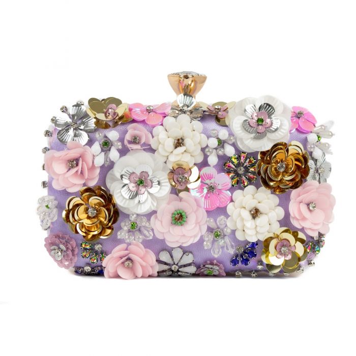 Rio Premium Lilac 3D Floral Embellished Clutch Box Bag
