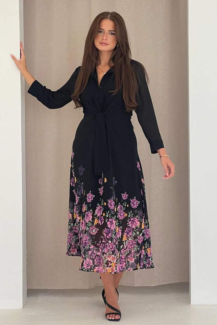 Isabelle Black & Purple Floral Chiffon Tie Front 3/4 Sleeve Midaxi Shirt Dress