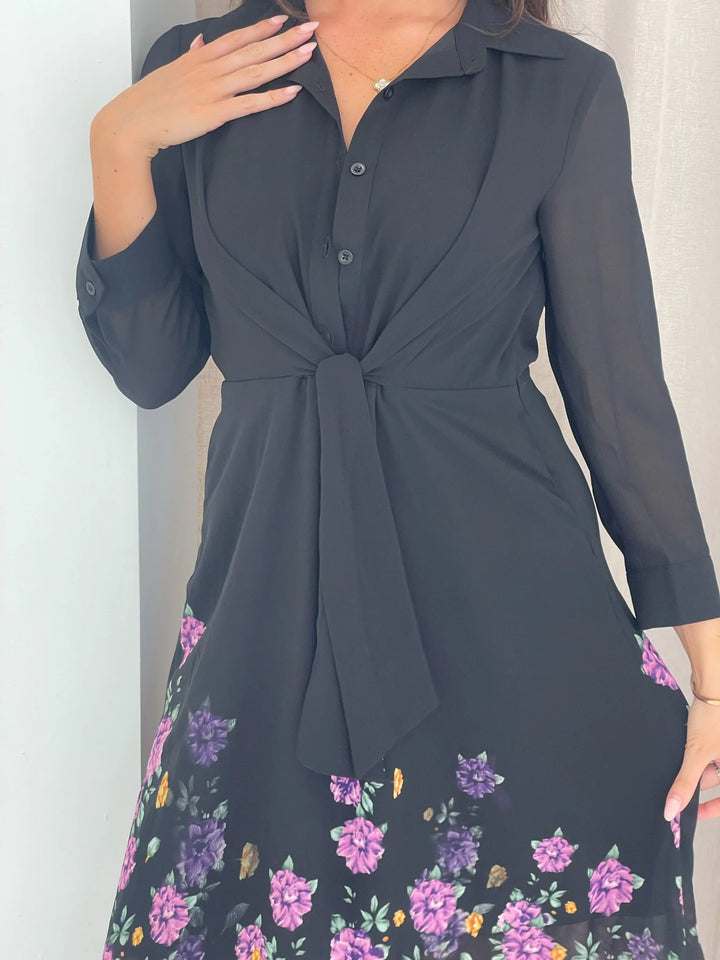 Isabelle Black & Purple Floral Chiffon Tie Front 3/4 Sleeve Midaxi Shirt Dress