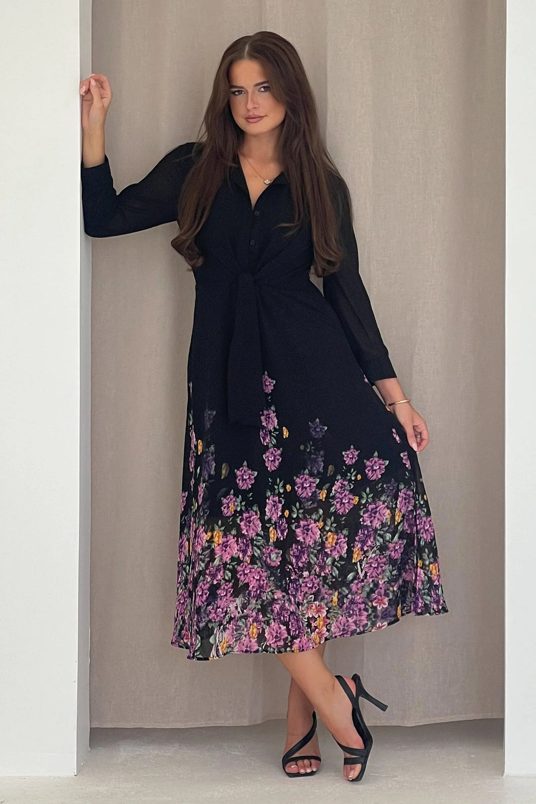 Isabelle Black & Purple Floral Chiffon Tie Front 3/4 Sleeve Midaxi Shirt Dress