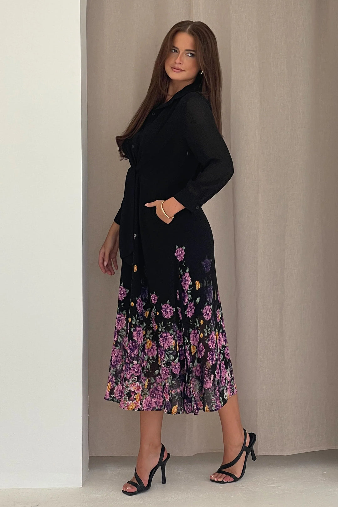 Isabelle Black & Purple Floral Chiffon Tie Front 3/4 Sleeve Midaxi Shirt Dress