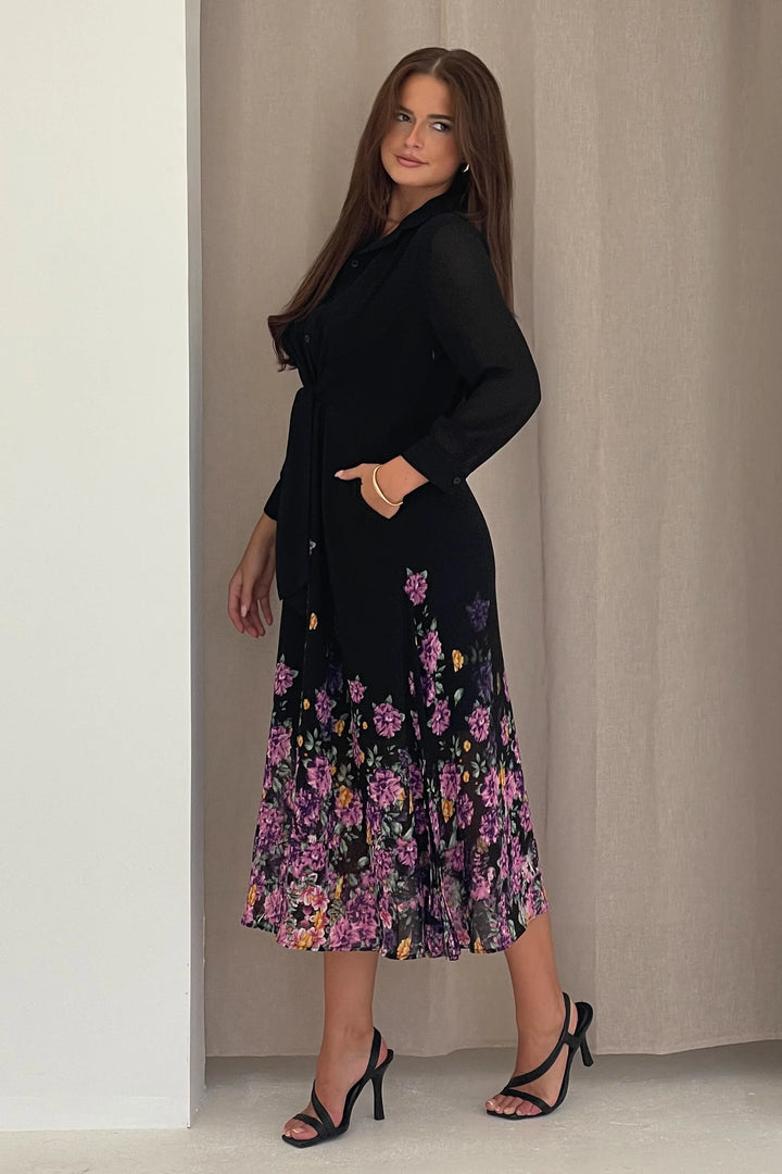 Isabelle Black & Purple Floral Chiffon Tie Front 3/4 Sleeve Midaxi Shirt Dress