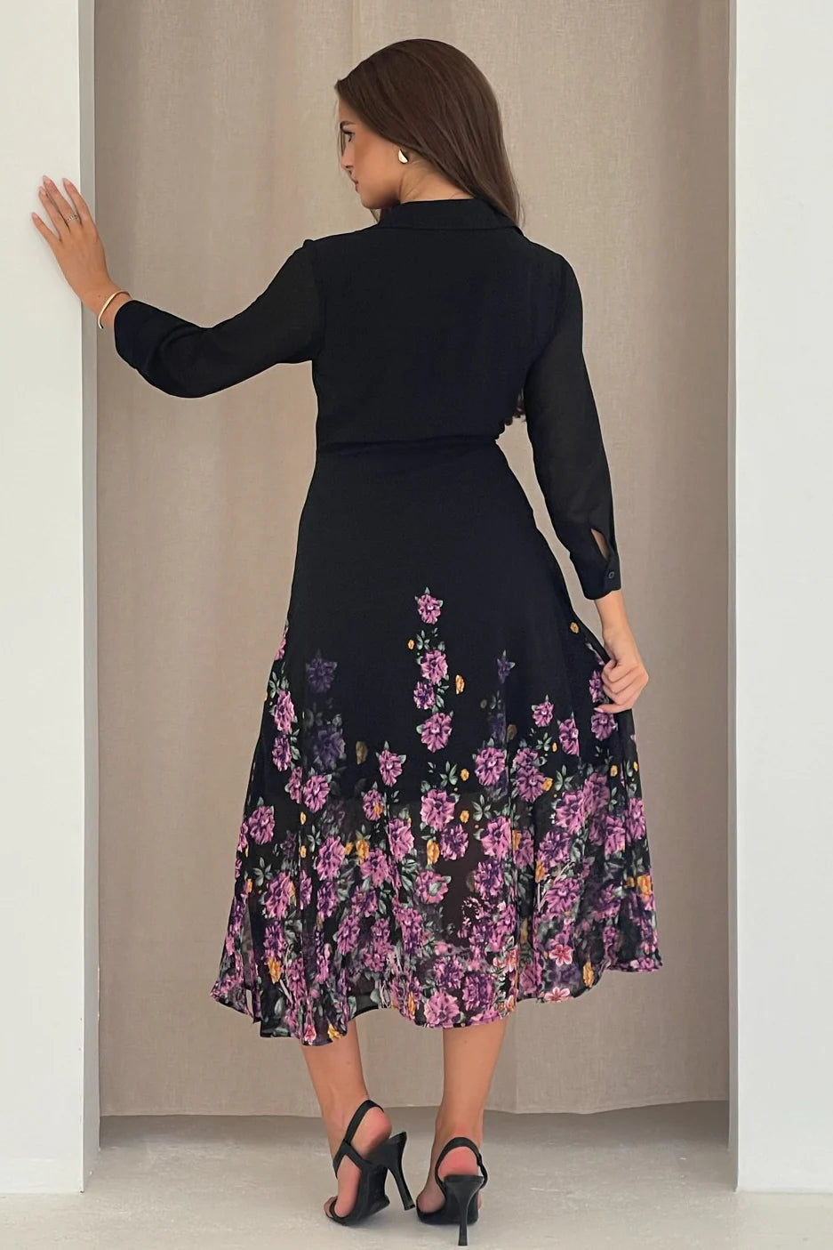 Isabelle Black & Purple Floral Chiffon Tie Front 3/4 Sleeve Midaxi Shirt Dress