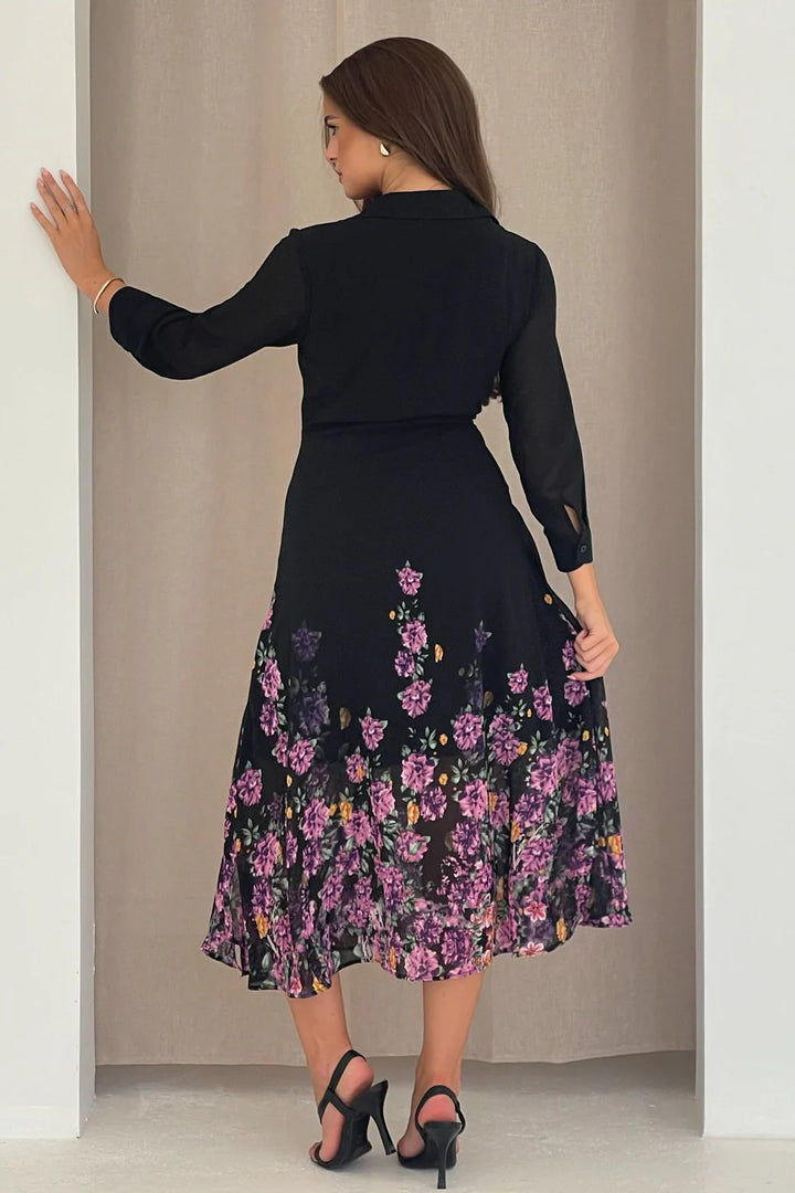 Isabelle Black & Purple Floral Chiffon Tie Front 3/4 Sleeve Midaxi Shirt Dress