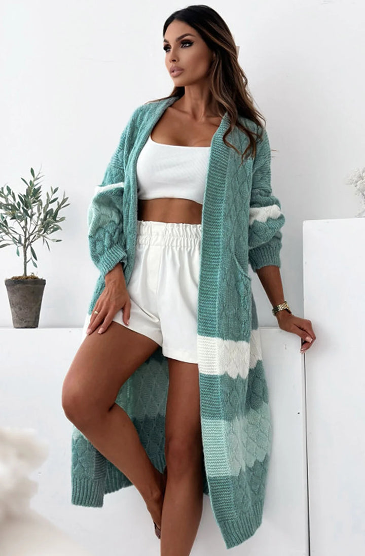 Jessica Sage Green Longline Contrast Knitted Cardigan