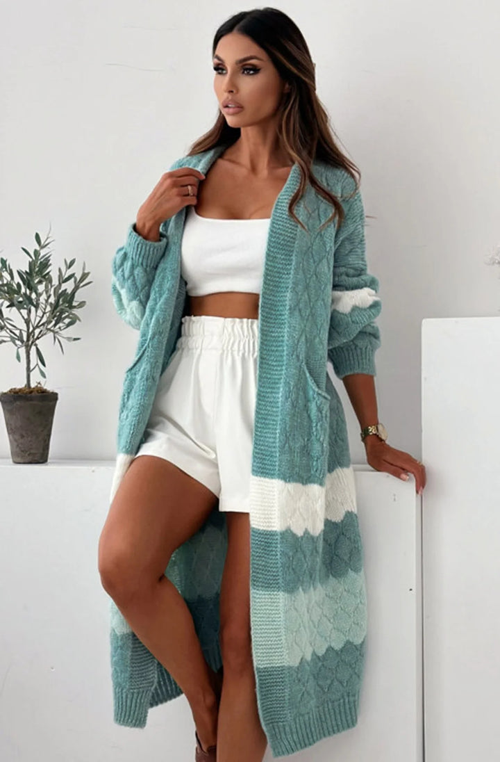 Jessica Sage Green Longline Contrast Knitted Cardigan