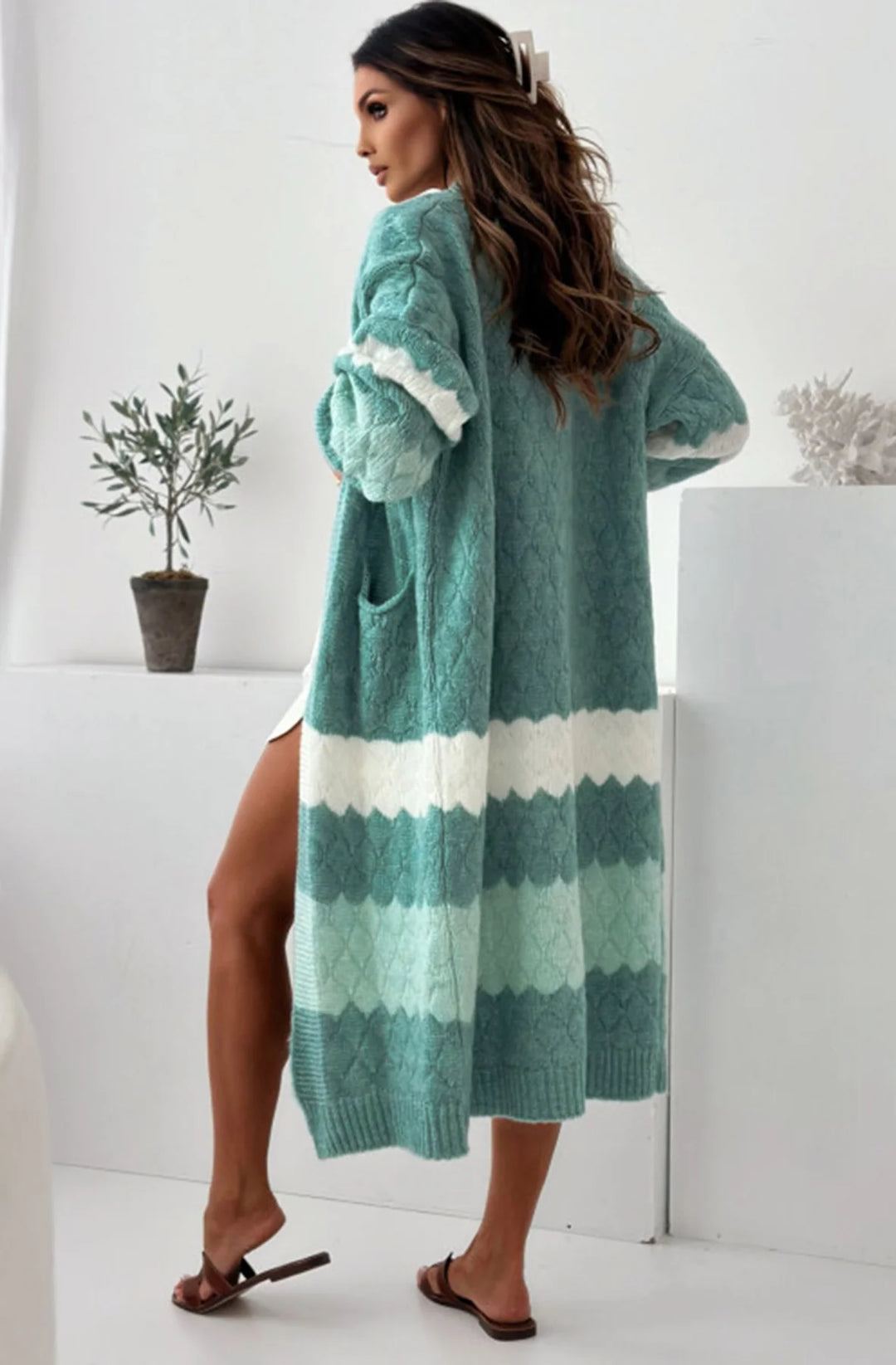 Jessica Sage Green Longline Contrast Knitted Cardigan