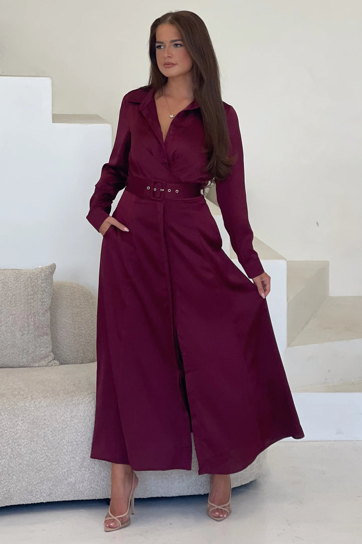 Kira Wrap Detail Wine Maxi Belted Long Sleeve Shirt Dress