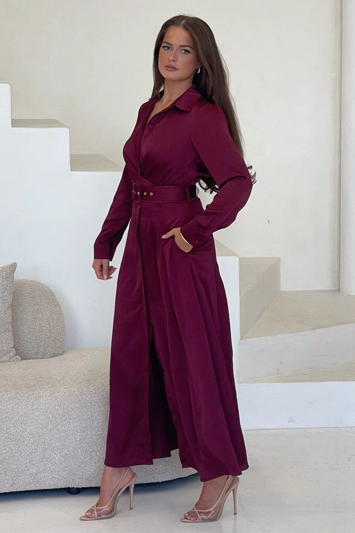 Kira Wrap Detail Wine Maxi Belted Long Sleeve Shirt Dress