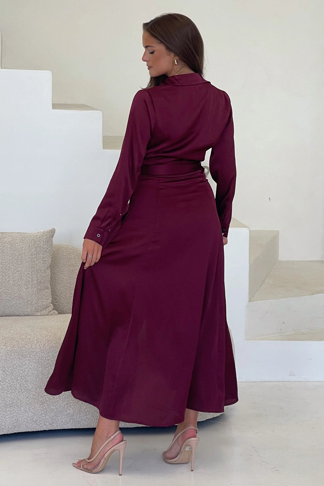 Kira Wrap Detail Wine Maxi Belted Long Sleeve Shirt Dress