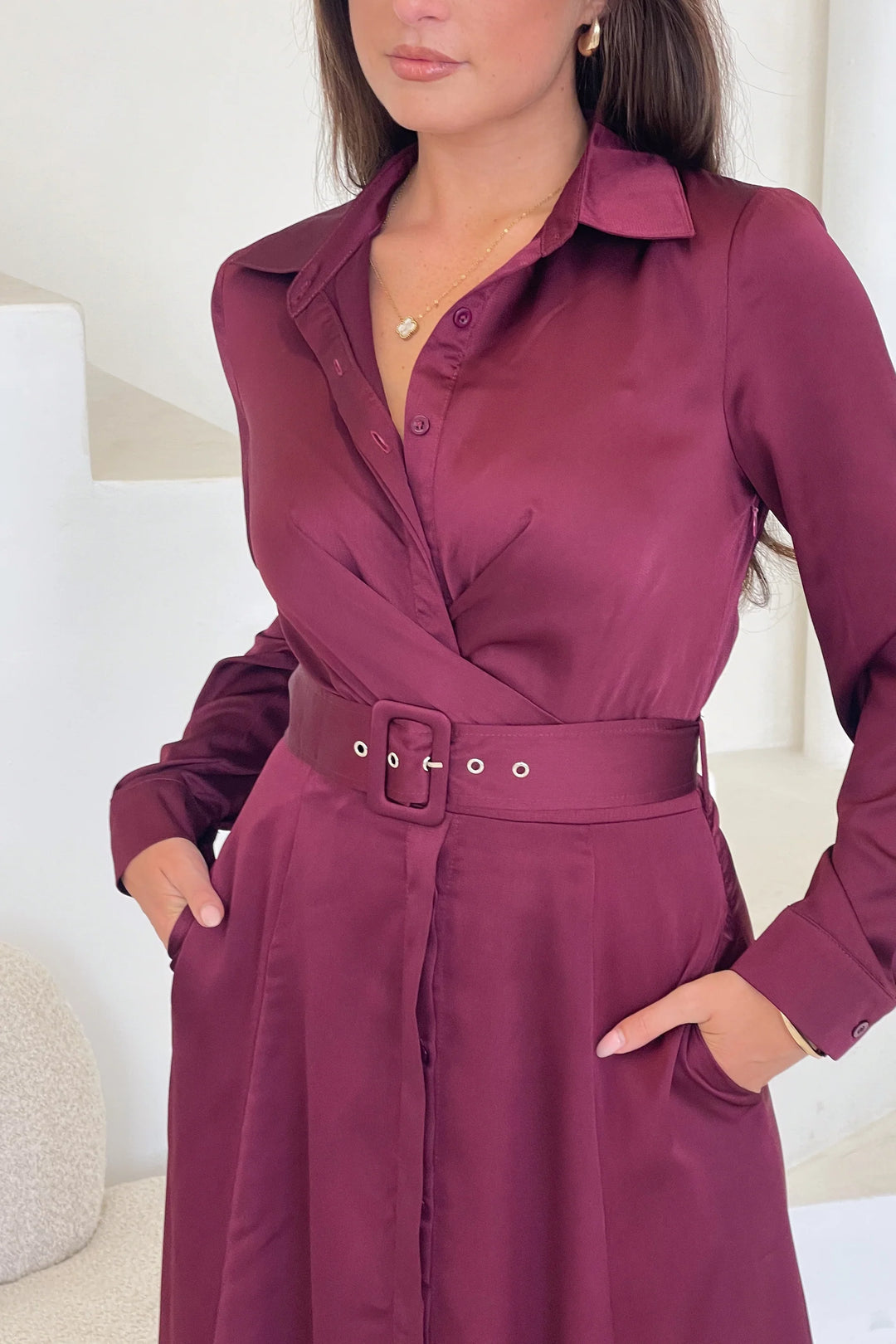 Kira Wrap Detail Wine Maxi Belted Long Sleeve Shirt Dress