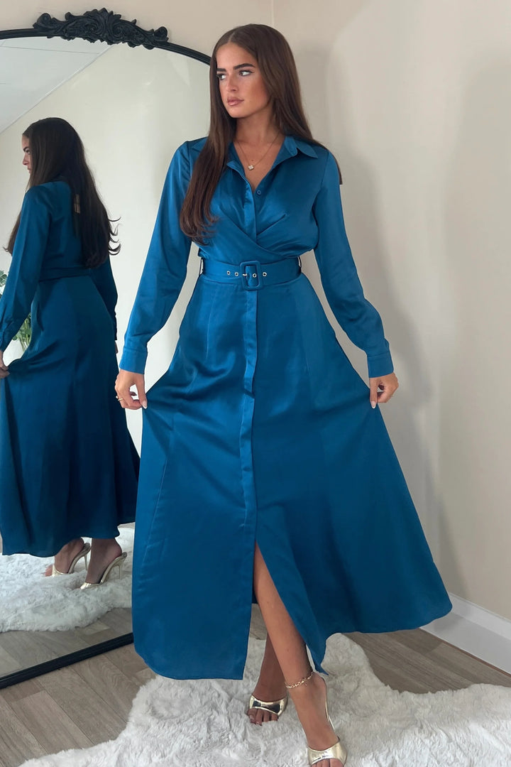 Kira Wrap Detail Petrol Blue Maxi Belted Long Sleeve Shirt Dress