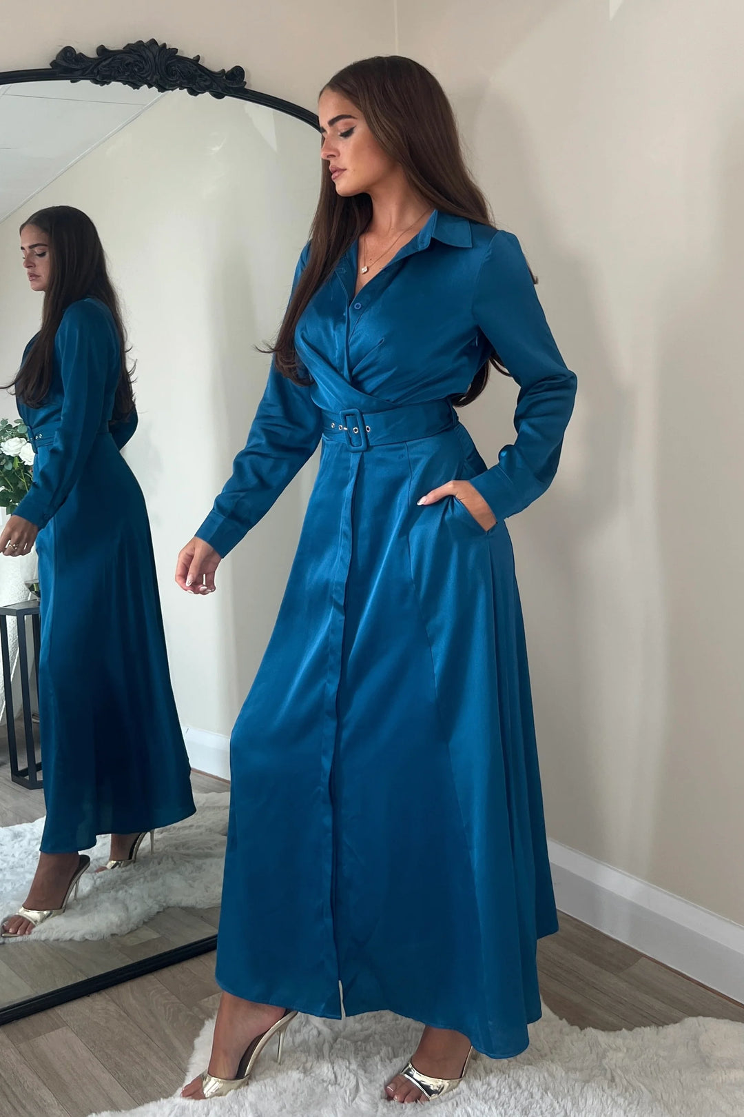 Kira Wrap Detail Petrol Blue Maxi Belted Long Sleeve Shirt Dress