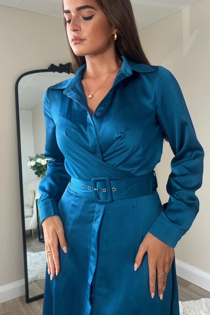 Kira Wrap Detail Petrol Blue Maxi Belted Long Sleeve Shirt Dress