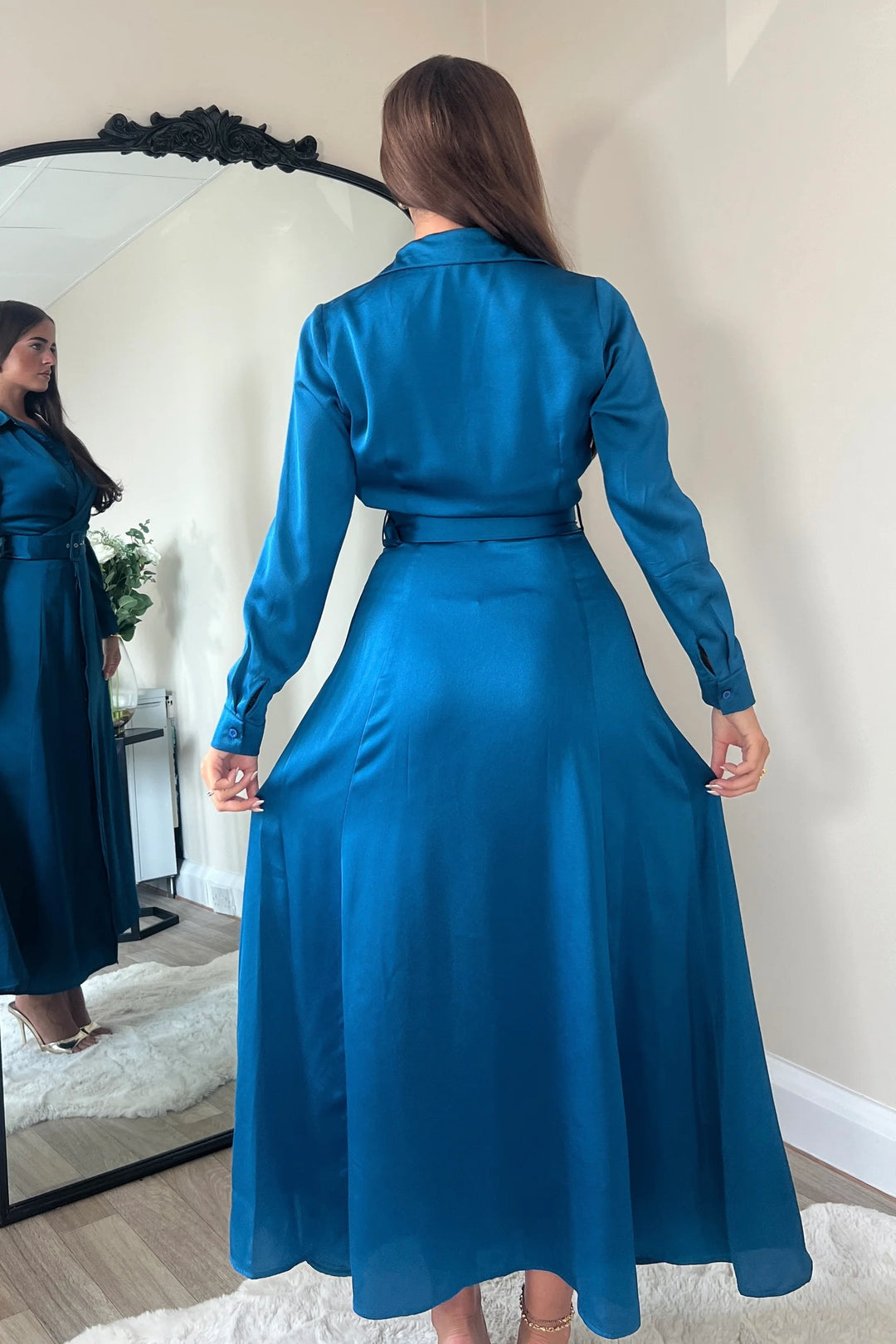 Kira Wrap Detail Petrol Blue Maxi Belted Long Sleeve Shirt Dress