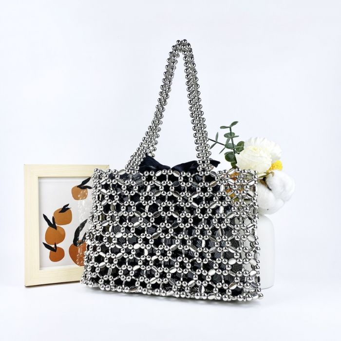 LAX Metallic Silver Beaded Tote Bag