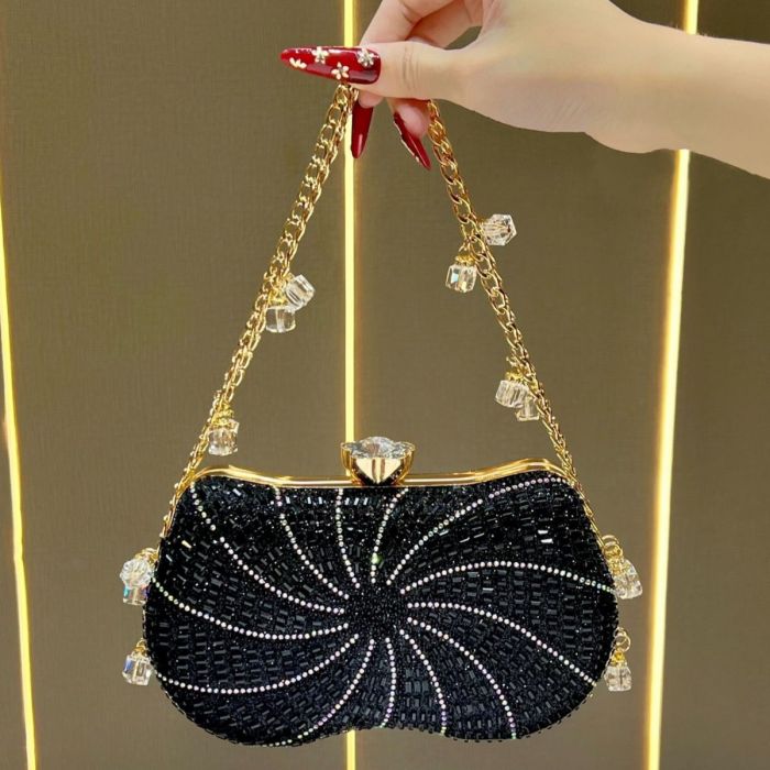 Galaxy Premium Sparkly Clutch Bag With Crystal Embellished Handle - Black