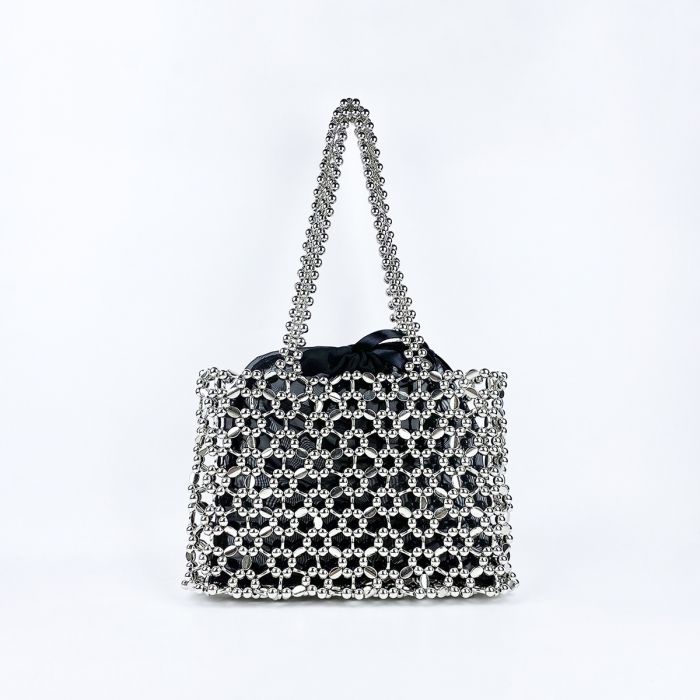 LAX Metallic Silver Beaded Tote Bag