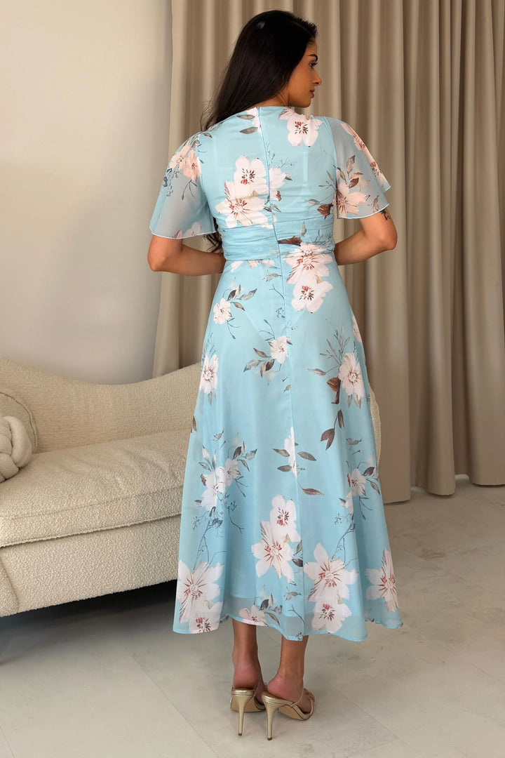 Pari Sky Blue Floral Wrap Neck Pleated Waist Maxi Dress